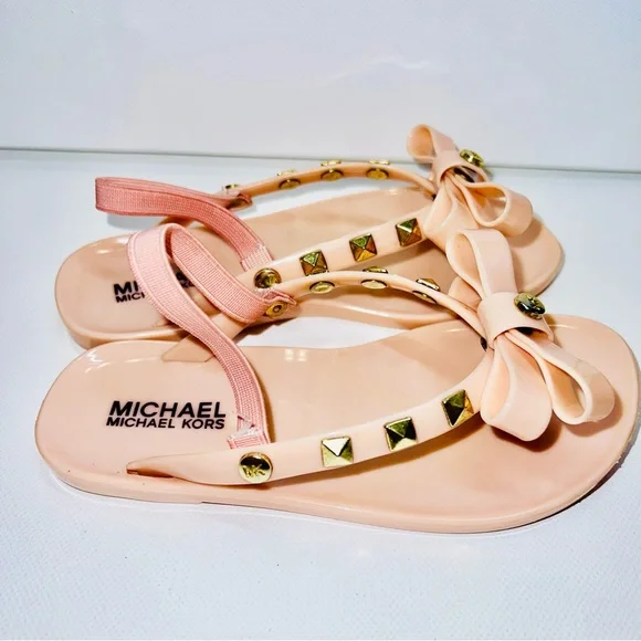MICHAEL Michael Kors Studded Thong Sandals 9 Pink Bow Girls Heel Strap Jellies - Picture 3 of 6